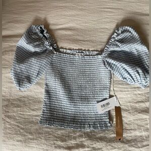 Reformation Blue Gingham Puff Sleeve Top